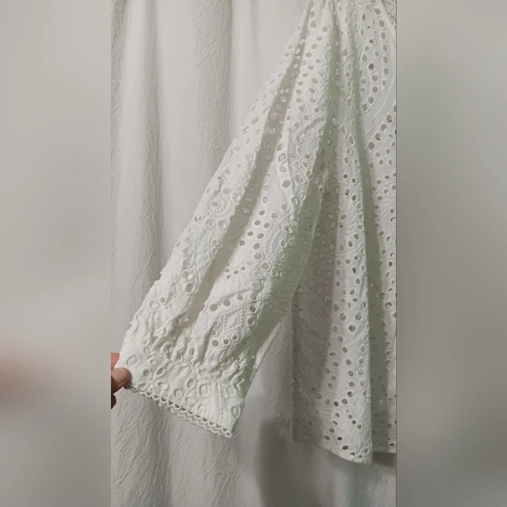 Chicos Eyelet Tunic Top White Tassled Cotton Cottagecore Boho Coastal SZ 16/18 - Picture 3 of 10